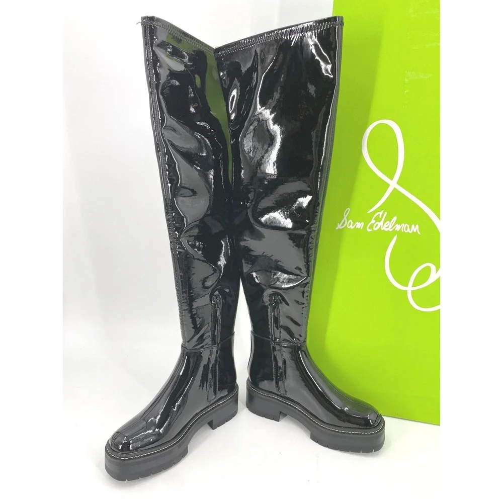 Sam Edelman Lydia Over The Knee Boots Womens 6.5 Black Patent Lug Sole NIB $225